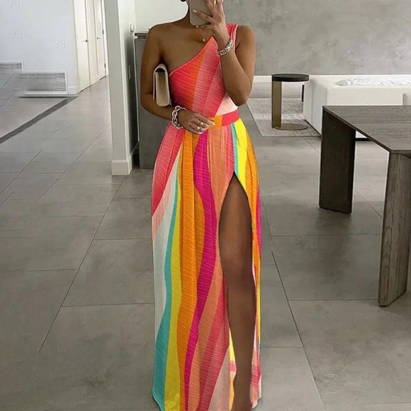 chicme Dresses & Skirts - ChicMe Vibrant Multi-Color One-Shoulder Print Slit Maxi Sundress (NWOT)
